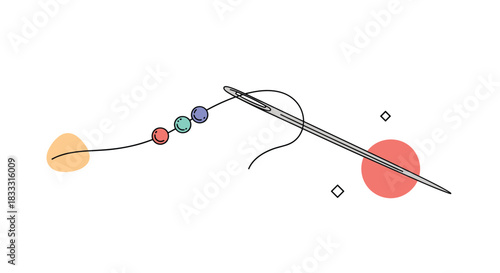 Minimalist illustration of a sewing needle threaded with colorful beads, featuring abstract shapes in the background, on a white canvas.