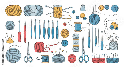 Large collection of hand-drawn knitting and crochet supplies, including yarn balls, hooks, needles, and buttons, in a colorful doodle style.