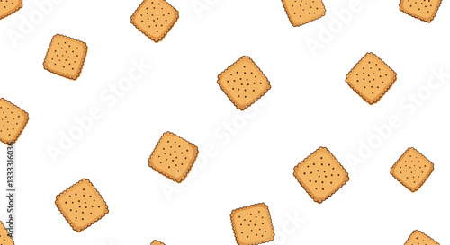 Seamless and repeatable pattern of cartoon-style square crackers scattered randomly on a clean and simple plain white background.