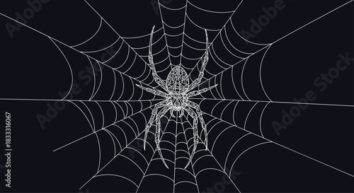 Intricate white line art illustration of a garden spider sitting in the center of its complex web, presented on a solid black background.