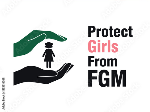 Protecting girls from fgm. hands shielding girl icon on white