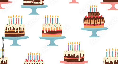 Seamless background pattern with a variety of colorful cartoon birthday cakes on stands, decorated with lit candles for a festive celebration.