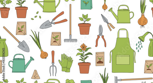 Seamless background pattern with various colorful gardening tools and plants, including watering cans, shovels, and potted seedlings, in a doodle style.