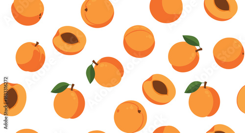Seamless pattern with whole and halved cartoon apricots, featuring a simple, flat design style scattered on a clean white background.