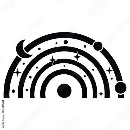 Celestial rainbow with moon stars and planets in a modern minimalist black design