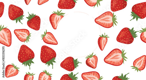 Fresh strawberry fruit background with a circular copy space in the center, featuring whole and sliced berries on a clean white backdrop.