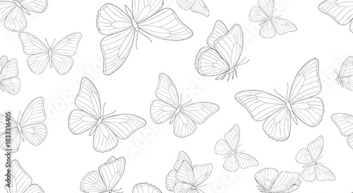 Seamless background pattern with numerous flying butterflies, beautifully hand-drawn in a delicate black and white line art or sketch style.