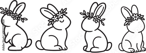 Contour drawing set of hares or rabbit with flower head for holiday cards