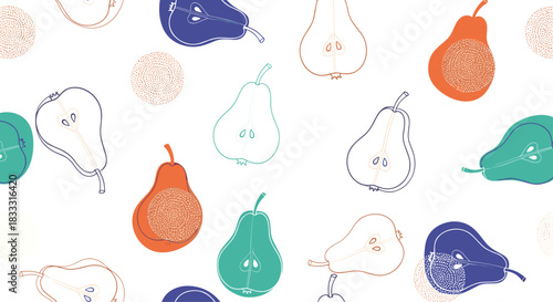 Seamless pattern with stylized whole and sliced pears in various colors, drawn with outlines and dotted textures on a white background.