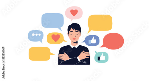 Concept of self-love and positive feedback, showing a person hugging themselves, surrounded by speech bubbles with hearts and thumbs-up icons.