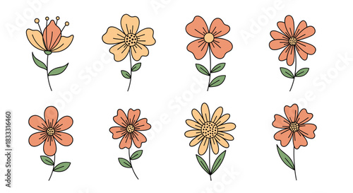 Set of eight cute, hand-drawn flowers in warm orange and yellow tones with green stems, illustrated in a simple retro or groovy doodle style.