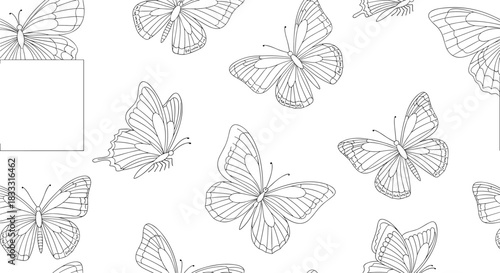 A seamless and elegant wallpaper pattern of numerous flying butterflies hand-drawn in a delicate black and white line art sketch style.