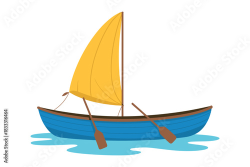 Illustration of a blue sailboat with a yellow sail and two oars on the water