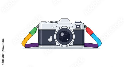 Retro film camera with a colorful rainbow strap, illustrated in a clean, flat vector style, representing photography, art, and creativity.