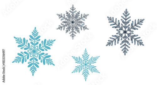 Set of four intricately designed blue snowflakes, hand-drawn in a sketchy or crayon-like style, isolated on a clean white background.