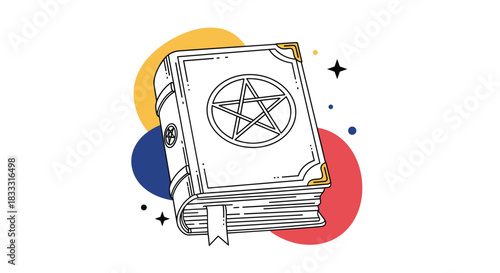Line art illustration of a magic spell book with a pentagram symbol on the cover, set against colorful abstract shapes on a white background.