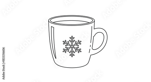 Simple black and white line art drawing of a cozy winter mug decorated with a single large snowflake, perfect for coloring.