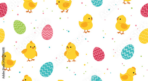 Seamless Easter holiday pattern with adorable yellow chicks, colorful decorated eggs, and confetti on a white background.