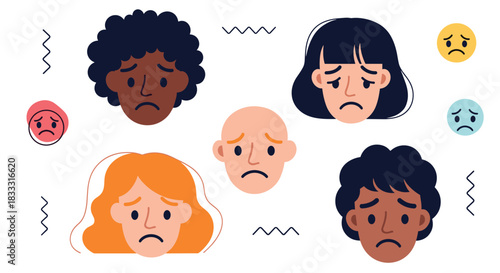 Diverse collection of illustrated sad and unhappy faces of different people, representing mental health concepts like depression.