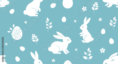 Seamless Easter pattern with white silhouettes of rabbits, eggs, and floral branches on a textured light blue background.