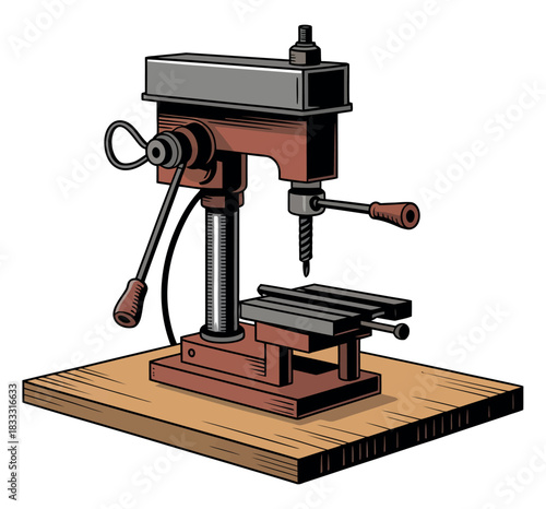 Illustration of a drill press machine with handles and a wooden base on a white background