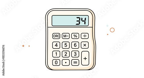 Simple cartoon illustration of a beige electronic calculator displaying the number 34, isolated on a white background.