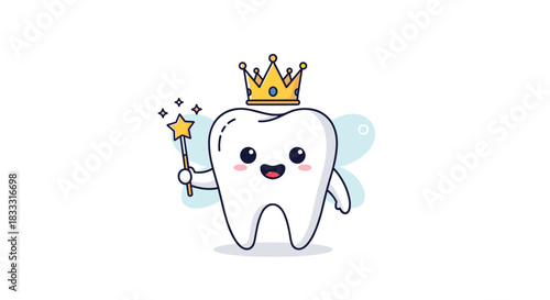 Adorable kawaii tooth fairy character with a golden crown, magic wand, and tiny wings for children's dental health concepts.