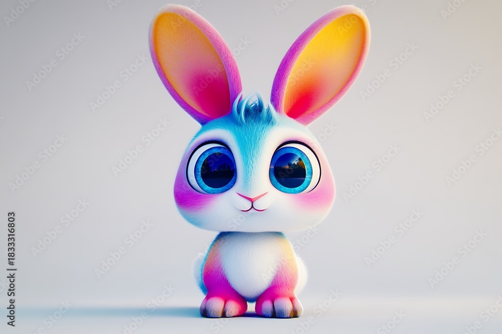 Fototapeta premium Cute cartoon bunny character designed in vibrant colors with large expressive eyes and oversized ears, suitable for children's animation and merchandise.