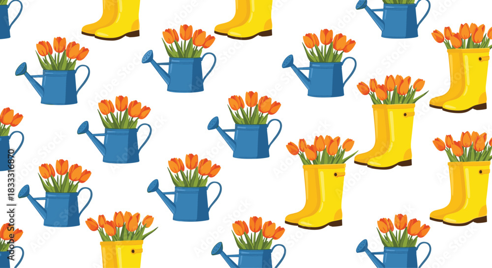 Fototapeta premium Seamless spring garden pattern with orange tulips in blue watering cans and yellow rubber boots on a white background.