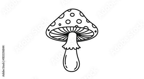 Simple black and white line art drawing of a spotted toadstool mushroom, in a cute doodle style for coloring pages.