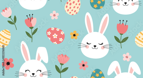 Cute seamless Easter pattern with happy bunny faces, colorful painted eggs, and spring flowers on a light blue background.
