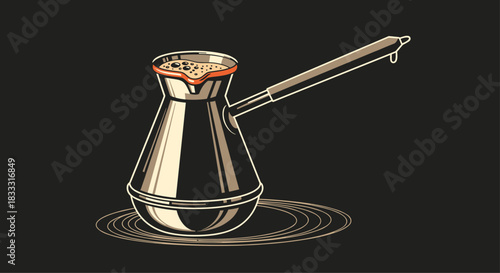 Vintage-style illustration of a Turkish coffee pot, known as a cezve or ibrik, filled with freshly brewed coffee.