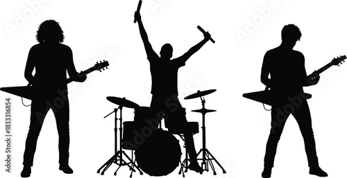 Rock band silhouette, live music performance, energetic guitarists, drummer on stage, concert vibe, black background, music culture, dramatic pose, V guitar