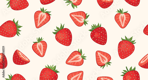 Seamless summer fruit pattern with whole and sliced red strawberries scattered on a light cream-colored background.