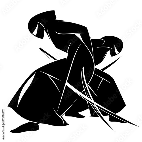 Abstract illustration of two figures engaged in a martial arts form