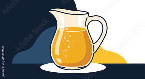 Glass pitcher filled with bubbly orange juice or lemonade, presented in a modern, stylized illustration with abstract shapes.