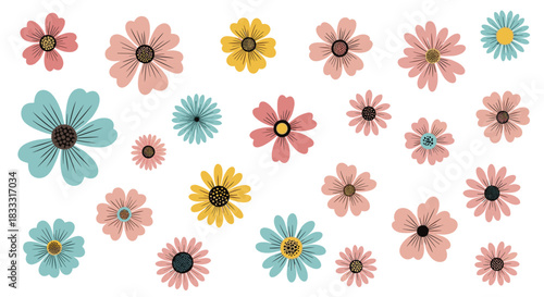 Set of various hand-drawn flowers in pink, blue, and yellow, designed in a charming and simple retro doodle style.