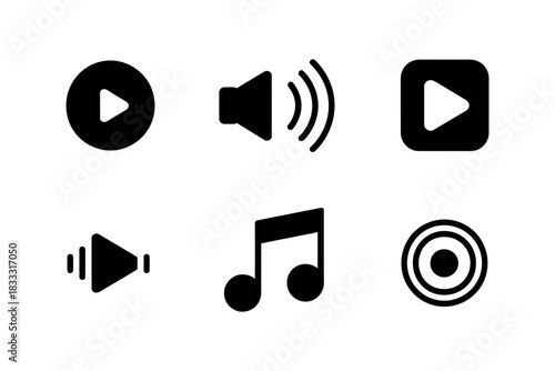 Illustration of six black and white multimedia and music icons