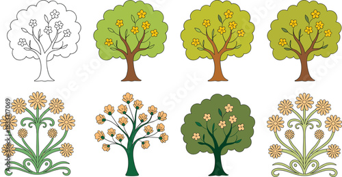 Stylized tree and floral illustration set with symmetrical and decorative canopy designs for nature, pattern, and educational themes.