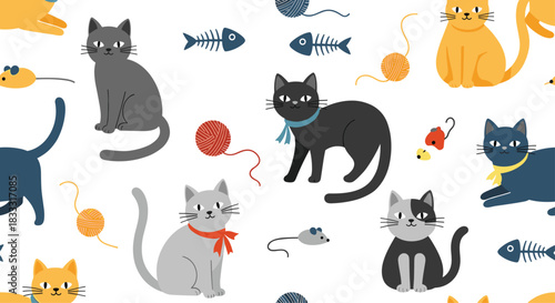 Seamless pattern with cute cartoon cats of different colors, playing with yarn balls, toy mice, and fish skeletons.