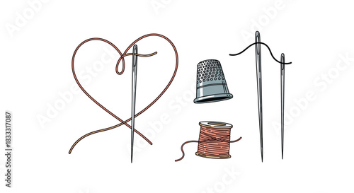 Hand-drawn vector illustration of various sewing supplies, including a needle with heart-shaped thread, a thimble, and a spool, on a white background.
