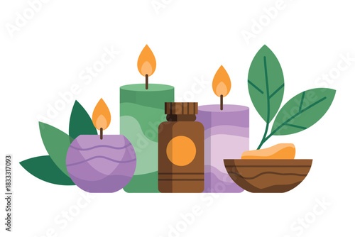 Illustration of candles oil bottle leaves and small bowl with soap