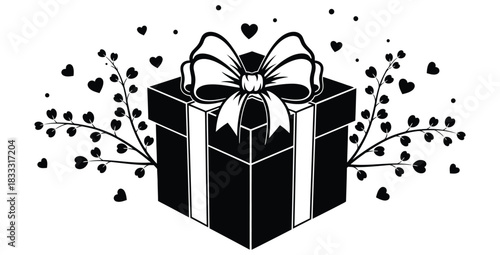 Elegant gift box with bow and heart accents for valentine's day in black and white art