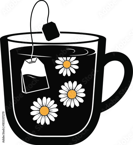 A black and white illustration of a cup of tea with floral elements