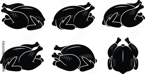 Silhouettes of roasted turkeys in various poses a culinary graphic design