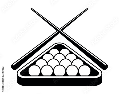 A black and white illustration of a pool rack with balls and crossed pool cues above