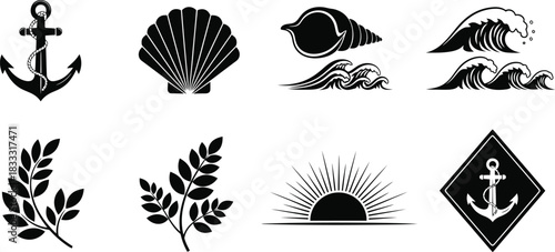 Black and white nautical themed icons depicting sea life and elements