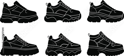 Black and white illustrations of chunky platform sneakers in various perspectives