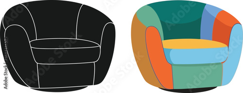 A colorful armchair design shown with a black and white outline version