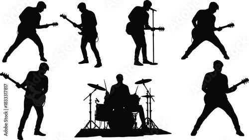 Rock band silhouettes performing live, electric guitar players in action, drummer on stage, energetic concert vibe, music illustration, black background